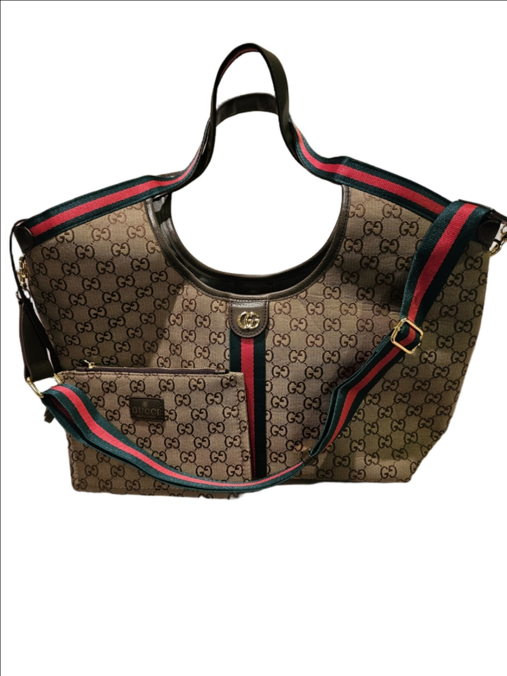 Beige Monogram Canvas Tote with Green and Red Web Strap 1 left